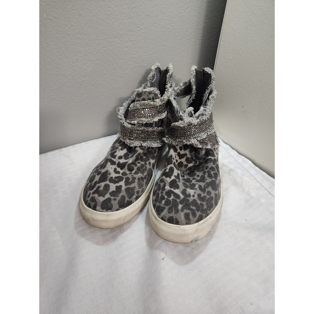 Very G Leopard Print High Top Sneakers Rhinestone Straps Grey Black Womens 8.5